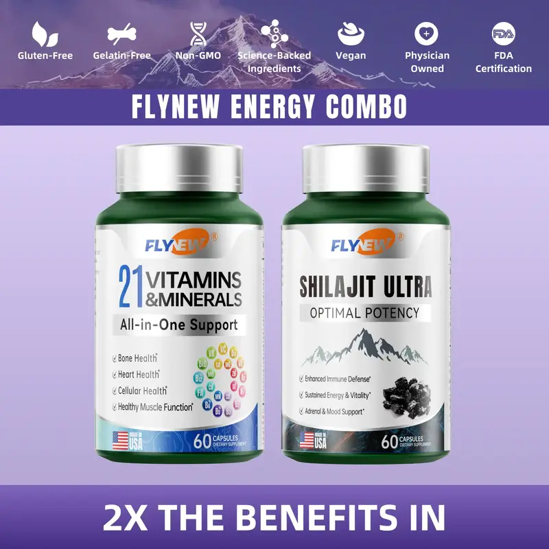 Flynew 21 All-in-One Vitamins & Minerals and Shilajit Bundle | Highly Potent Herbal Ingredients & Pure Himalayan Organic Resi...