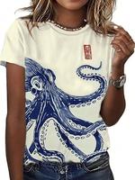 Women's Octopus Print Round Neck Tee, Casual Short Sleeve Crew Neck T-shirt for Daily Wear, Ladies Clothes for All Seasons