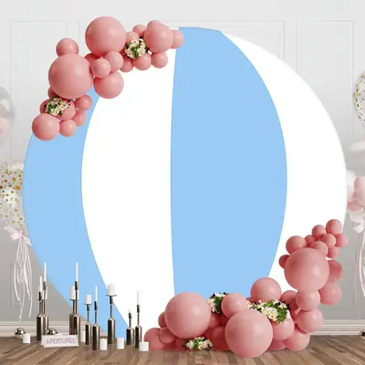 Light Blue White Stripe Ball Round Birthday Backdrop - Aperturee