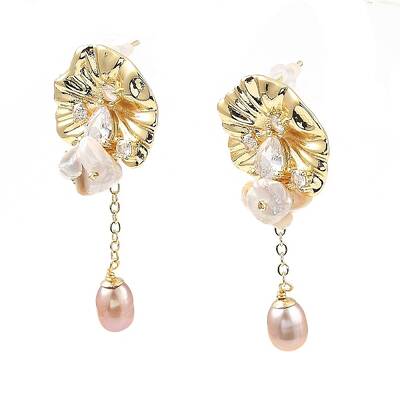 Brass Lotus Leaf Dangle Stud Earrings