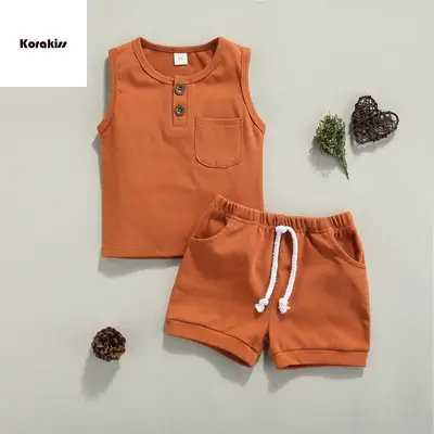 2 Pcs Newborn Summer Outfits, Baby Solid Color Round Neck Tank Tops with Pocket + Drawstring Shorts