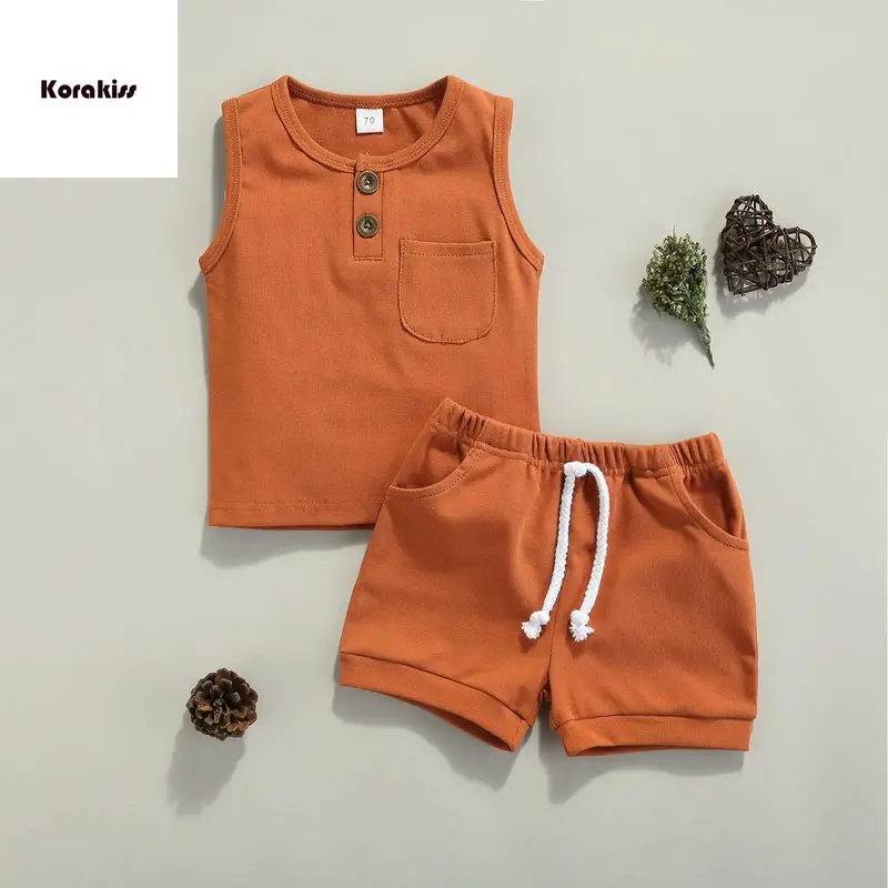 2 Pcs Newborn Summer Outfits, Baby Solid Color Round Neck Tank Tops with Pocket + Drawstring Shorts