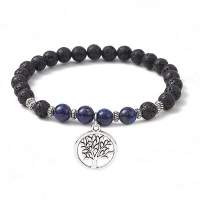 Natural Lava Rock & Natural Lapis Lazuli Gemstone Round Beaded Stretch Bracelet
