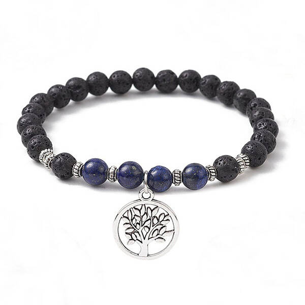 Natural Lava Rock & Natural Lapis Lazuli Gemstone Round Beaded Stretch Bracelet
