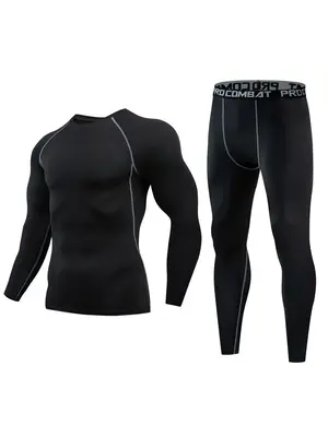 Men's Quick Drying Sports Tee & Letter Print Leggings Tracksuit Set, Round Neck Long Sleeve T-shirt & Skinny Pants Set, Sport...