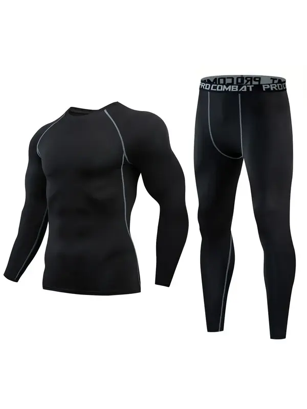 Men's Quick Drying Sports Tee & Letter Print Leggings Tracksuit Set, Round Neck Long Sleeve T-shirt & Skinny Pants Set, Sport...