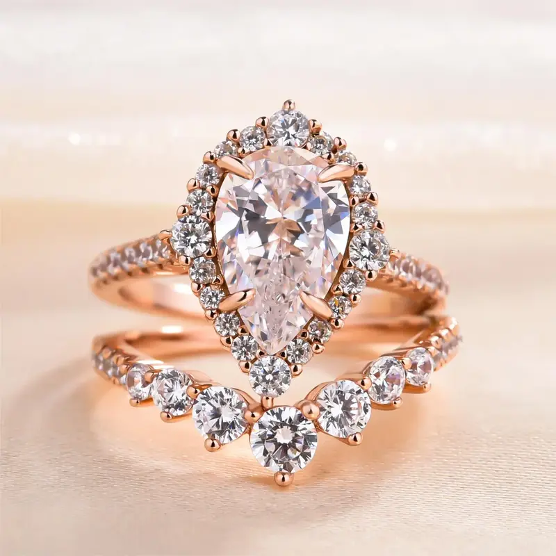 Effinny Elegant 2.2ct Halo Pear Cut Bridal Ring Set,Women's Promise Ring Set,5A Grade Cubic Zirconia Anniversary Rings for Wo...