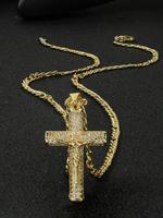 14k Gold-plated Cuban Chain Cross Design Pendant Necklace, Artificial Gemstone Decor Cuban Link Chain Necklace for Men & Wome...