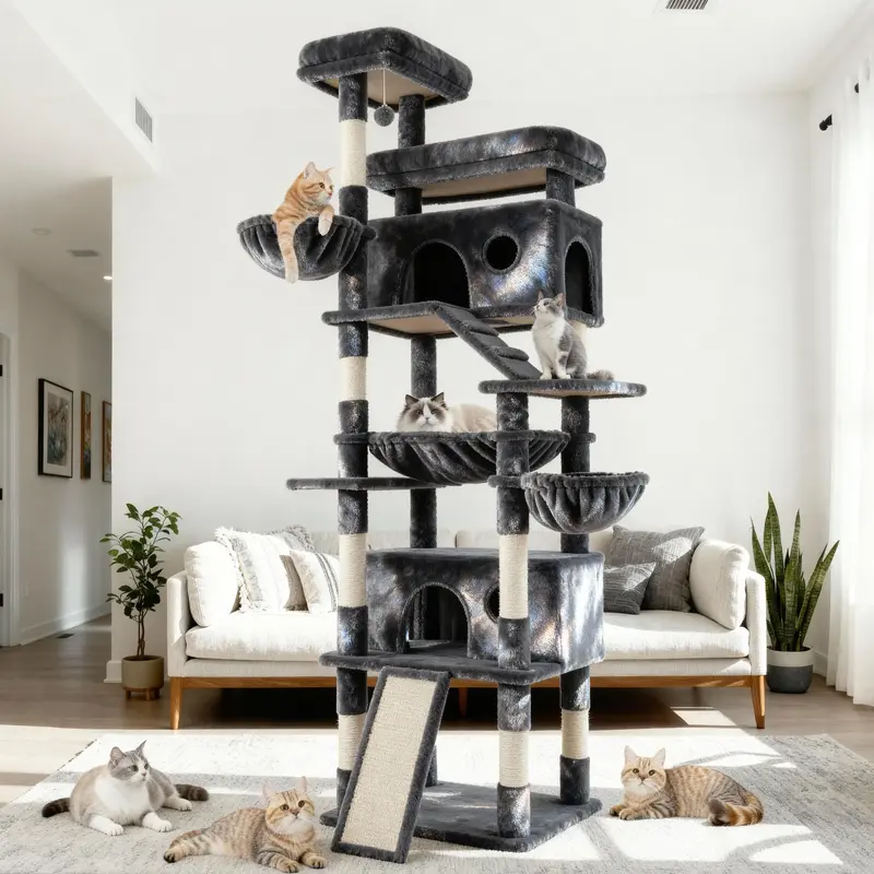 PurrFest 80in/65in Larger Cat Tree Tower Condo, Multi-Level Furniture Cozy Plush Cat Perches/Baskets/Sisal Scratching Posts a...