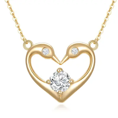 14K Gold Round Zircon Swan & Heart Pendant Necklace