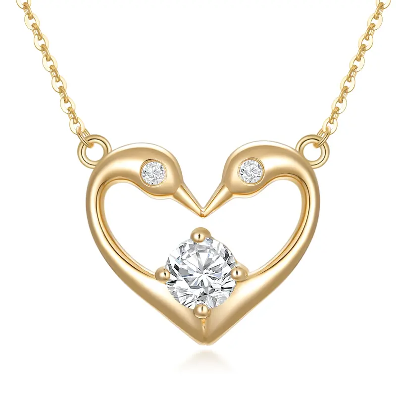 14K Gold Round Zircon Swan & Heart Pendant Necklace