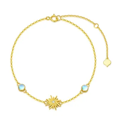 14K Gold Cubic Zirconia & Moonstone Sunflower Charm Bracelet