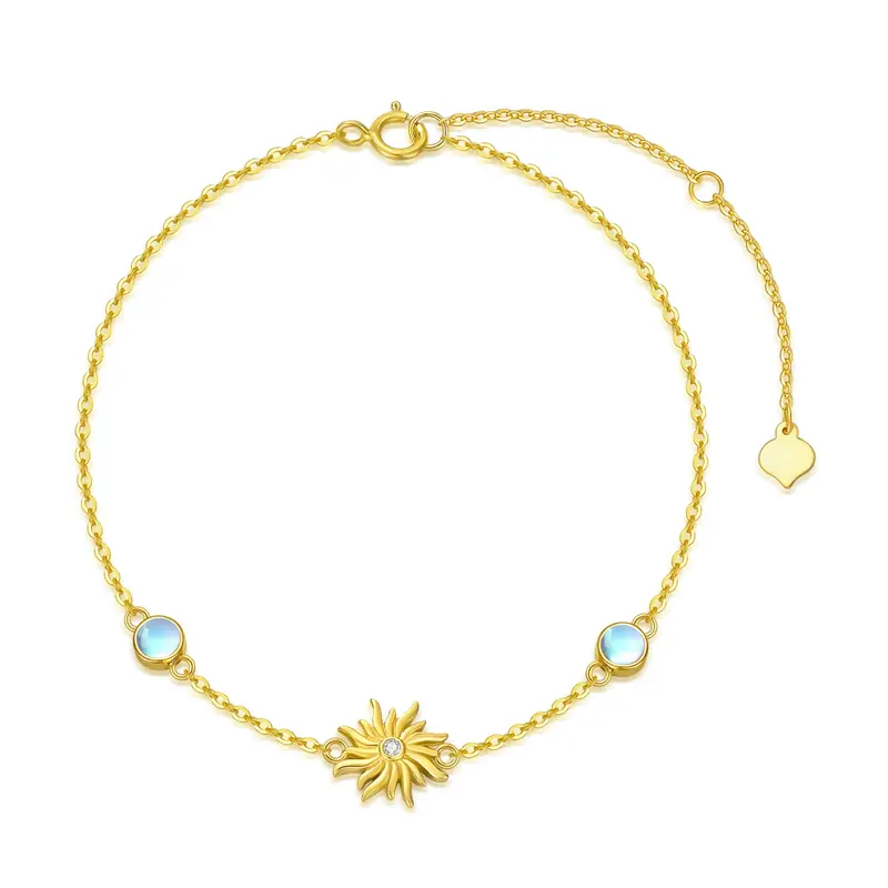 14K Gold Cubic Zirconia & Moonstone Sunflower Charm Bracelet