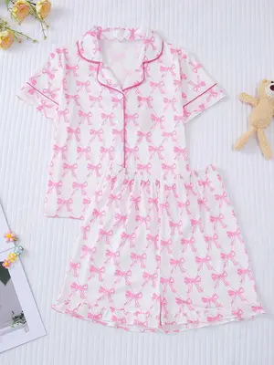 Girl's Cartoon Bow Print Lapel Neck Top & Shorts Pyjama Two-piece Set, Comfy Short Sleeve Collar Top & Shorts Pj Set, Kids Sl...