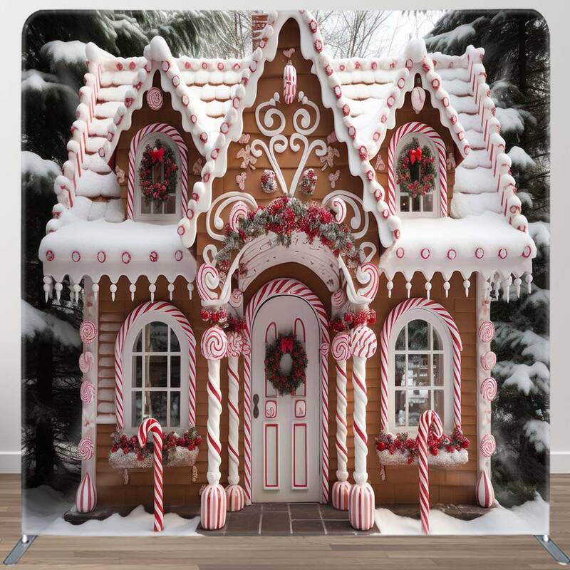 Aperturee Snowy Cake House Christmas Square Tension Backdrop | Christmas Photo Booth Backdrop | Christmas Backgrounds Firepla...