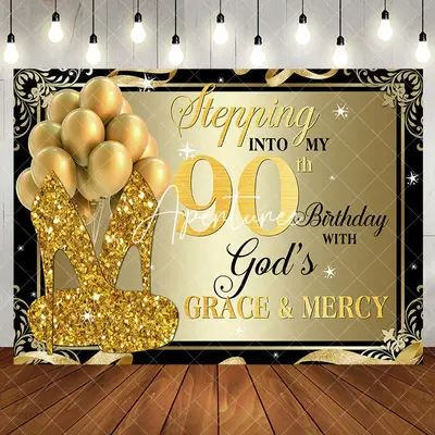 Gold Glitter Heels Stepping into 90th Birthday Backdrop - Aperturee