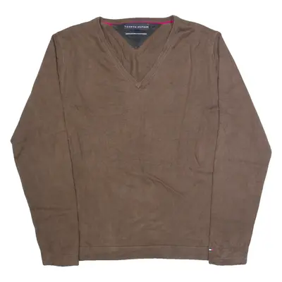 TOMMY HILFIGER Mens Jumper Brown V-Neck Tight Knit M