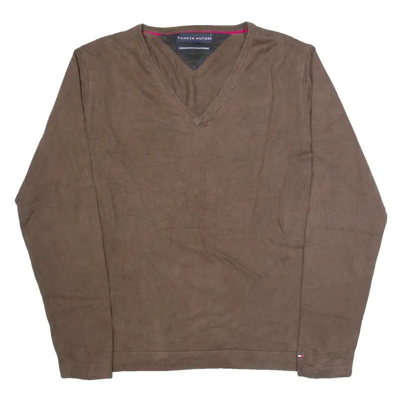TOMMY HILFIGER Mens Jumper Brown V-Neck Tight Knit M