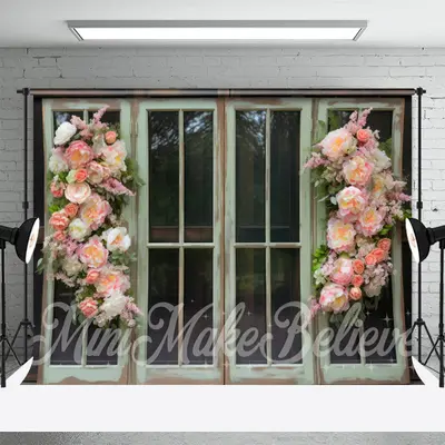 Pastoral Green Wooden Window Pink Flowers Backdrop - Aperturee