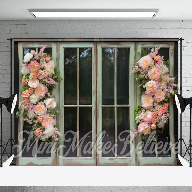 Pastoral Green Wooden Window Pink Flowers Backdrop - Aperturee