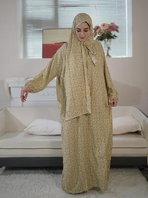 Women's Ditsy Floral Print Long Sleeve Arabian Dress with Hijab, Modest Bishop Sleeve Maxi Muslim Dress, Ladies Clothing for ...