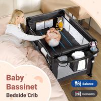 Baby Bassinet Bedside Sleeper, Adjustable Height, Includes Mattress Sheet, Portable Playpen Travel Bed with Sto...