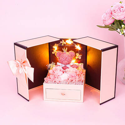 Teddy Bear Preserved Flower In Box With Lights Gift Idea