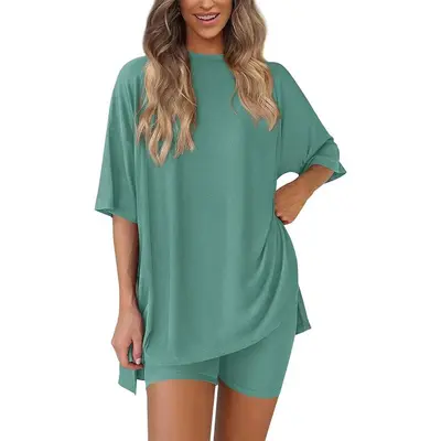 Women's Summer Two-Piece Set 2025 Casual Oversized Crewneck Split Hem Shirts & Side Pocket Biker Shorts Minimalist Lounge Wea...