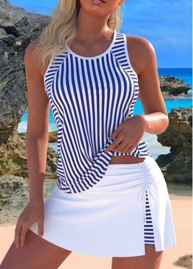 Modlily Cut Out Striped Navy Tankini Set - L