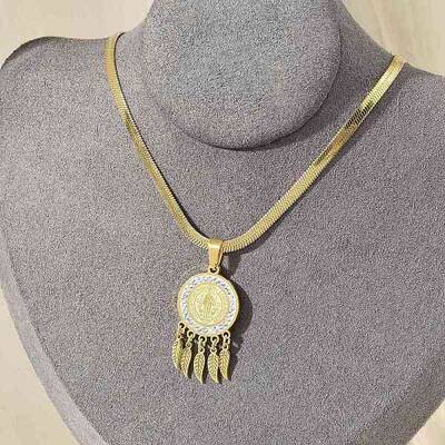 304 Stainless Steel Clear Cubic Zirconia Flat Round Saint Benedict Medal with Feather Pendant Necklaces