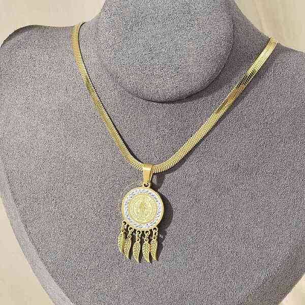 304 Stainless Steel Clear Cubic Zirconia Flat Round Saint Benedict Medal with Feather Pendant Necklaces