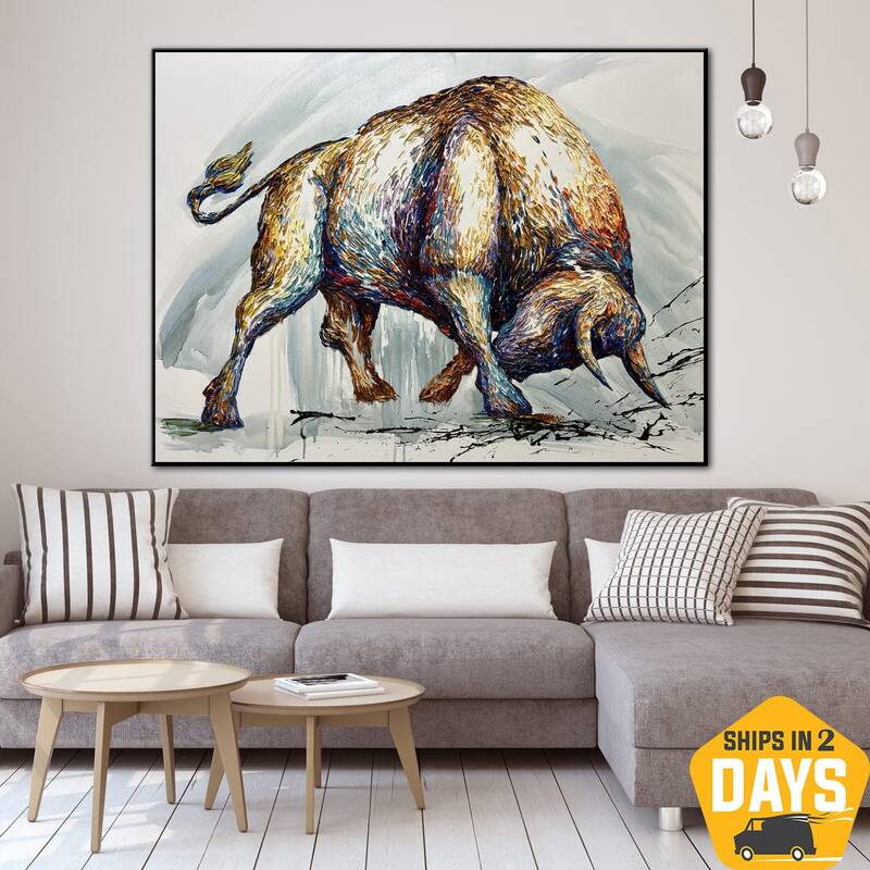 Original Furious Bull Colorful Animal Painting Impasto Style Art Wall Abstract Decor for Living Room | CORRIDA 30"x40&qu...