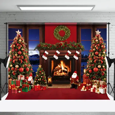 Aperturee Night Fireplace Xmas Trees Santa Christmas Backdrop - Aperturee