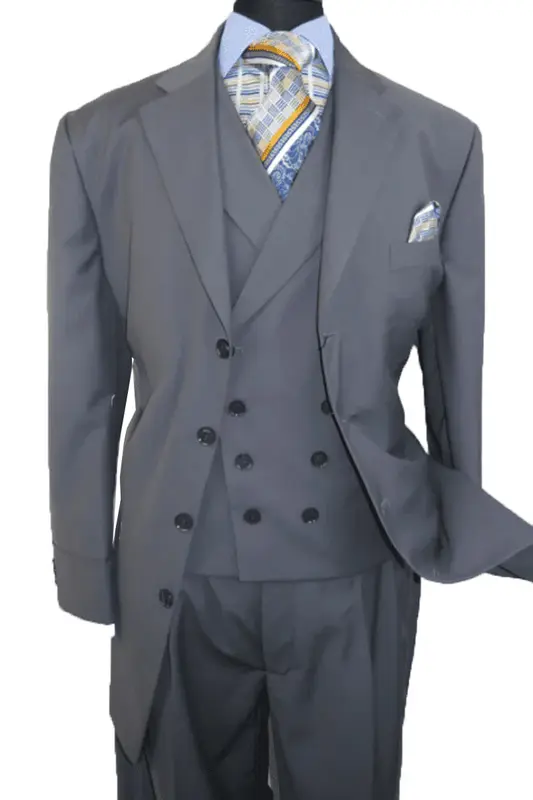 Grey Men's 4-Button Suit with Double-Breasted Vest - Fashionable Attire