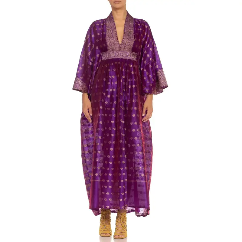 MORPHEW COLLECTION Purple & Gold Silk Kaftan Made From Vintage Saris