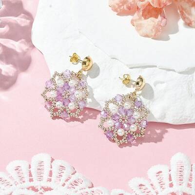 Flower Handmade Glass Seed Beads & Shell Pearl Dangle Stud Earrings