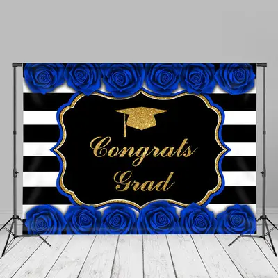 Blue Roses Stripe Congrats Grad Photo Booth Backdrop - Aperturee