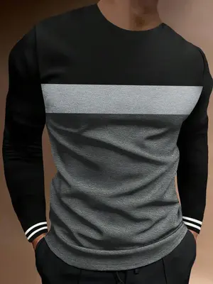 Men's Colorblock Striped Print Round Neck Tee, Casual Long Sleeve Crew Neck T-Shirt for Spring & Fall, Fashion Men's Regular ...
