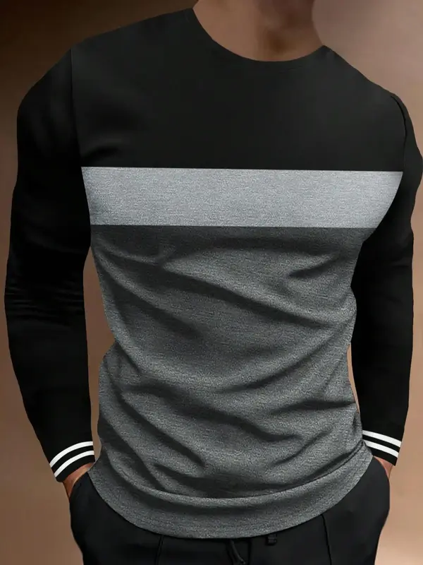 Men's Colorblock Striped Print Round Neck Tee, Casual Long Sleeve Crew Neck T-Shirt for Spring & Fall, Fashion Men's Regular ...