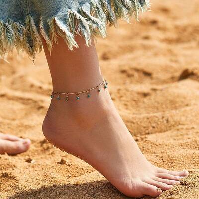 Bohemian Brass Bar Link Chain Marine Blue Enamel Sun Tassel Anklets