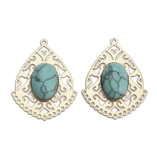 Brass Pave Dyed Synthetic Turquoise Teardrop Chandelier Component Links