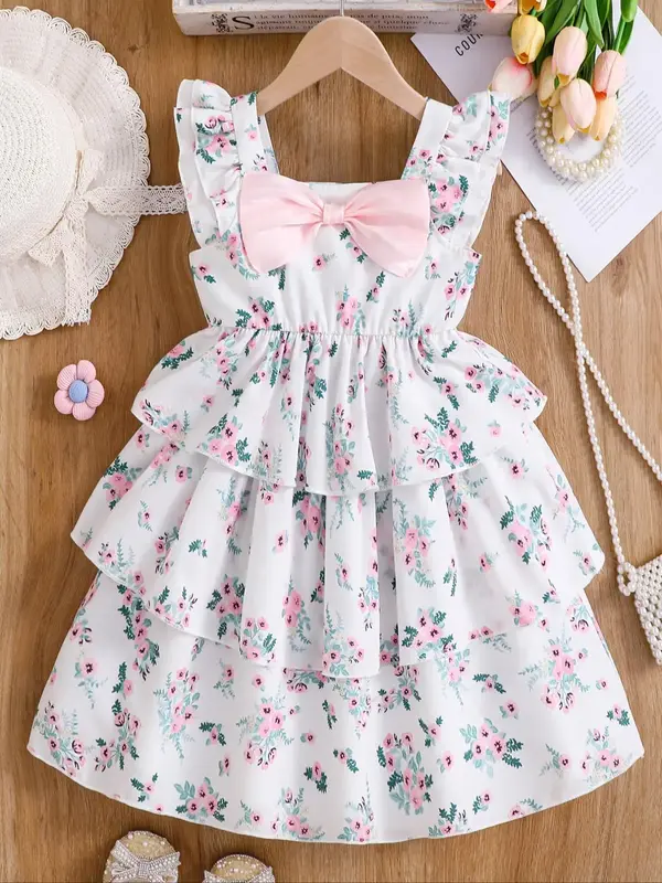Girl's Ditsy Floral Print Bow Decor Tiered Layer Dress, Cute Square Neck Sleeveless A Line Dress for Summer, Kids Clothes for...