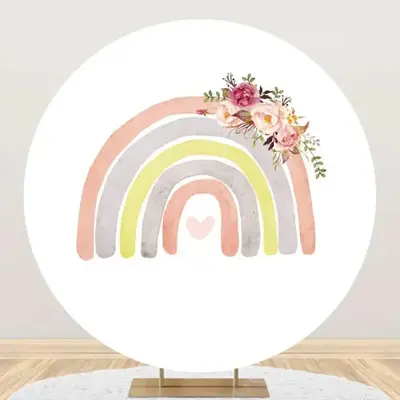 White Rainbow Floral Boho Round Birthday Backdrop - Aperturee