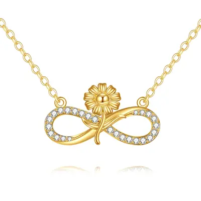 14K Gold Cubic Zirconia Sunflower & Infinity Symbol Pendant Necklace