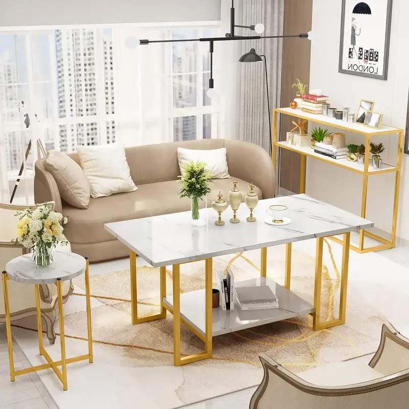 AWQM Faux Marble Coffee Table Set: 3-Piece Living Room Furniture. Metal Frame, Modern Style. Perfect for Apartments & Small S...