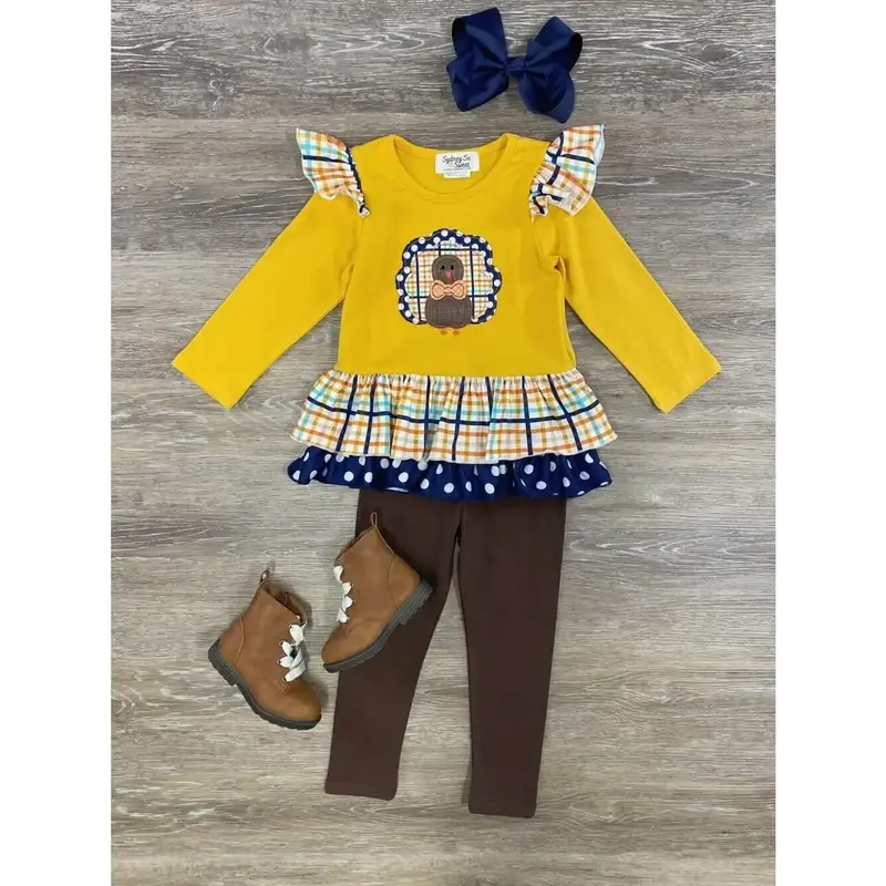 Golden Turkey Girls or Toddler Yellow Ruffle Tunic Top & Leggings Thanksgiving Outfit