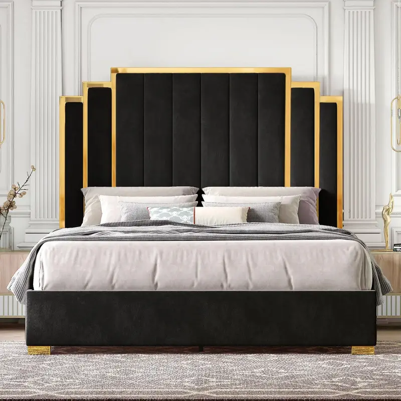 [Restock Sale]VanAcc Bed Frame and 65 Headboard, Upholstered Bed with Golden Plating Trim, Modern Platform Bed No Box Sprin...