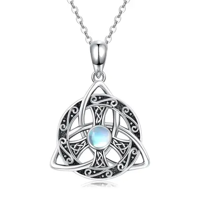 Sterling Silver Round Moonstone Celtic Knot & Peace Symbol Pendant Necklace