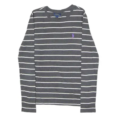 POLO RALPH LAUREN Girls Patterned Jumper Grey Striped Crew Neck Tight Knit 6Y