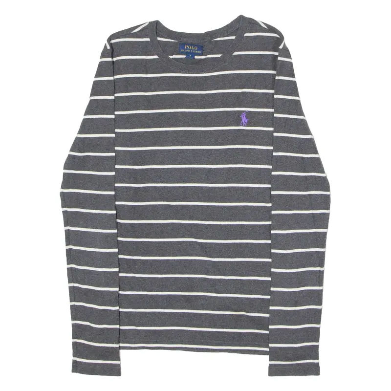 POLO RALPH LAUREN Girls Patterned Jumper Grey Striped Crew Neck Tight Knit 6Y